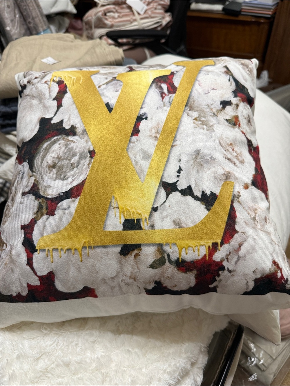 Decorative Floral Throw Pillow with LV Gold Accent